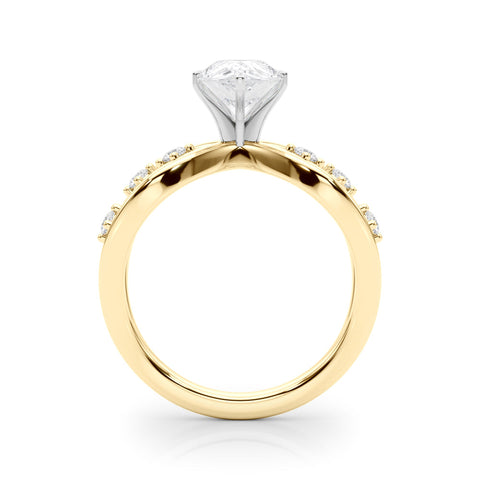 Yellow gold Pear Cut Solitaire Diamond with Side Stones on Criss-Cross Band and Four-Prong Setting