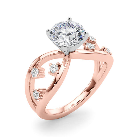 Rose gold Round Cut Solitaire Diamond with Side Stones on Criss-Cross Band and Four-Prong Setting