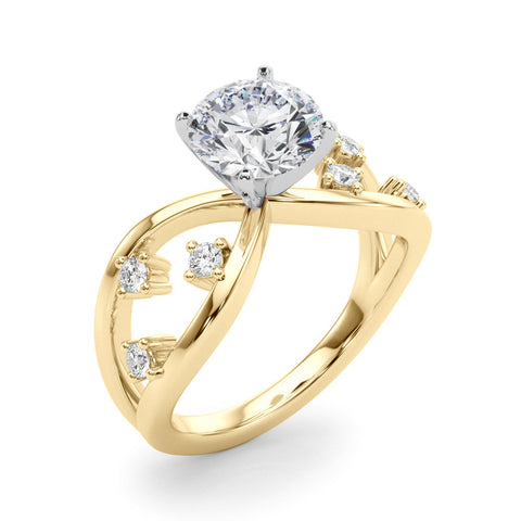 Yellow gold Round Cut Solitaire Diamond with Side Stones on Criss-Cross Band and Four-Prong Setting
