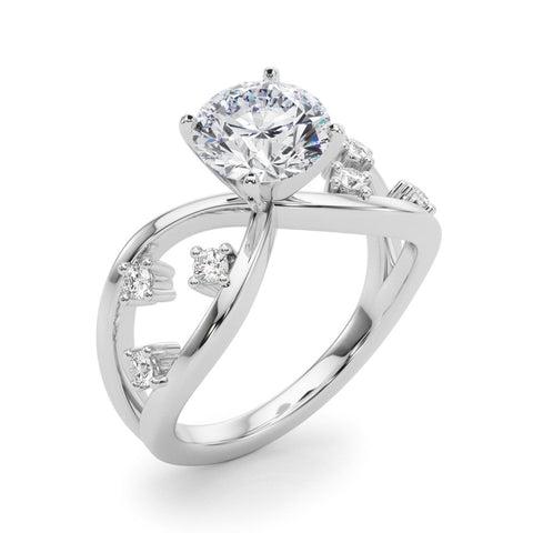 White gold Round Cut Solitaire Diamond with Side Stones on Criss-Cross Band and Four-Prong Setting