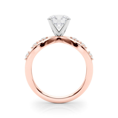 Rose gold Round Cut Solitaire Diamond with Side Stones on Criss-Cross Band and Four-Prong Setting