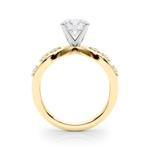 Yellow gold Round Cut Solitaire Diamond with Side Stones on Criss-Cross Band and Four-Prong Setting