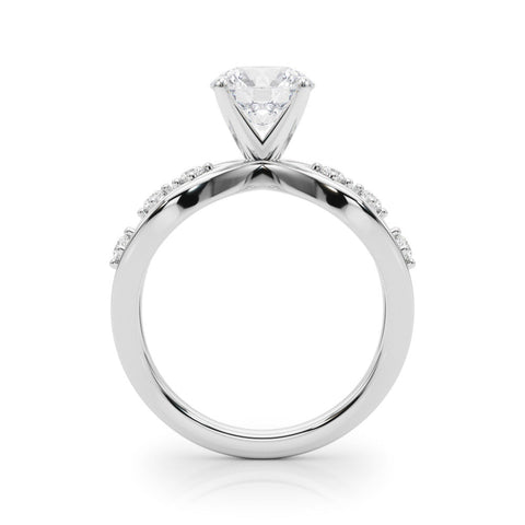 White gold Round Cut Solitaire Diamond with Side Stones on Criss-Cross Band and Four-Prong Setting