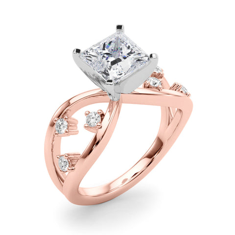 Rose gold Princess Cut Solitaire Diamond with Side Stones on Criss-Cross Band and Four-Prong Setting