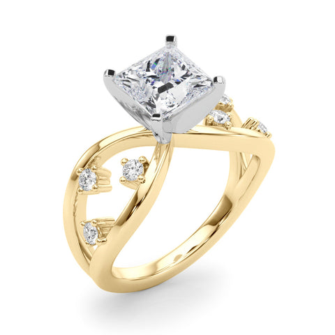 Yellow gold Princess Cut Solitaire Diamond with Side Stones on Criss-Cross Band and Four-Prong Setting