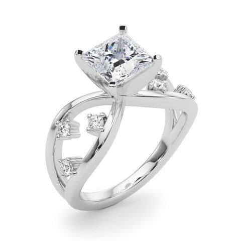 Platinum Princess Cut Solitaire Diamond with Side Stones on Criss-Cross Band and Four-Prong Setting