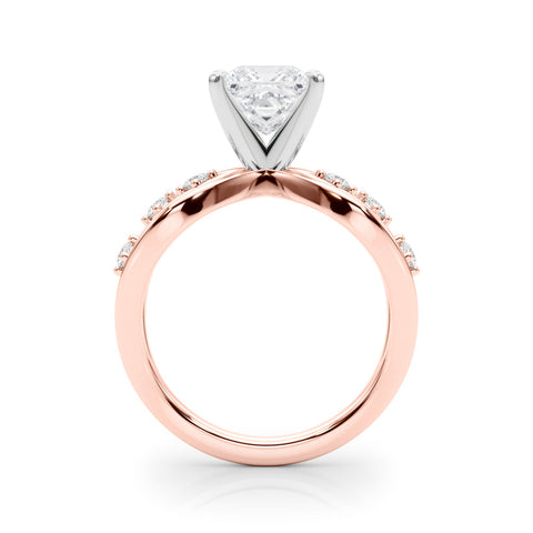 Rose gold Princess Cut Solitaire Diamond with Side Stones on Criss-Cross Band and Four-Prong Setting