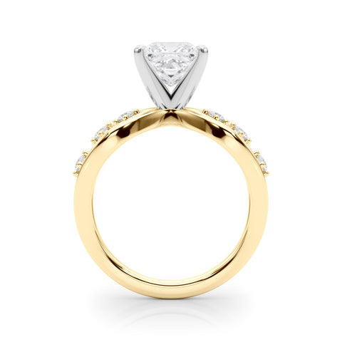 Yellow gold Princess Cut Solitaire Diamond with Side Stones on Criss-Cross Band and Four-Prong Setting