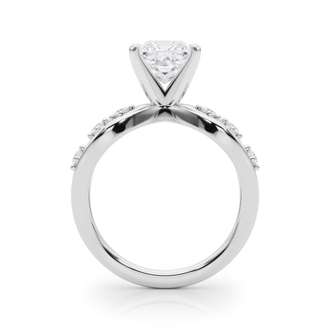 Platinum Princess Cut Solitaire Diamond with Side Stones on Criss-Cross Band and Four-Prong Setting