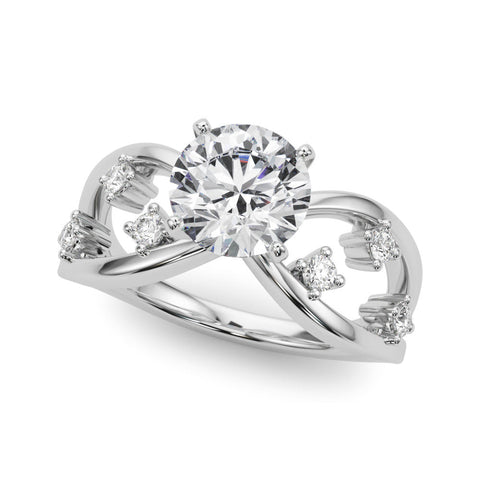 Silver Round Cut Solitaire Diamond with Side Stones on Criss-Cross Band and Four-Prong Setting