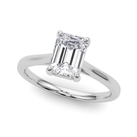 Platinum Emerald Cut Solitaire Ring with Cathedral Band and Four-Prong Setting