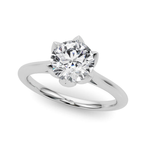 Silver Round Solitaire Diamond Ring with Six-Prong Setting and Classic Band