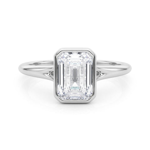 White gold Bezel Set Emerald Cut Solitaire Ring with Tapered Band
