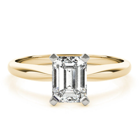 Yellow gold Emerald Cut Solitaire Ring with Four-Prong Setting on a Classic Band
