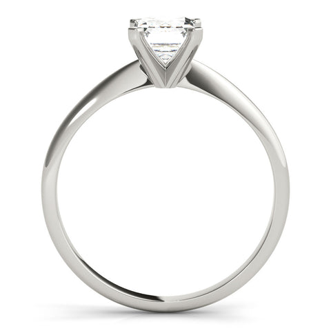 White gold Emerald Cut Solitaire Ring with Four-Prong Setting on a Classic Band