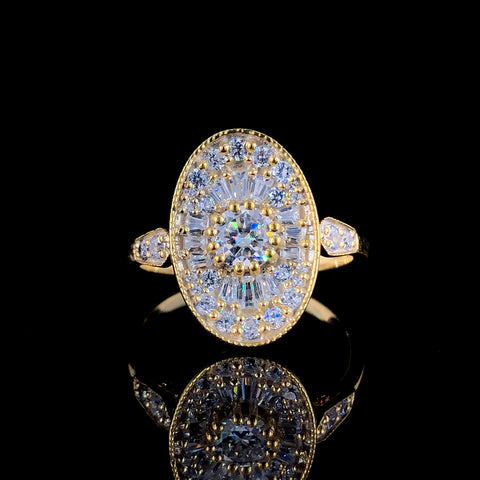 Oval Halo Diamond Ring with Baguette and Round Stones, Silver Band with Milgrain Prong Setting