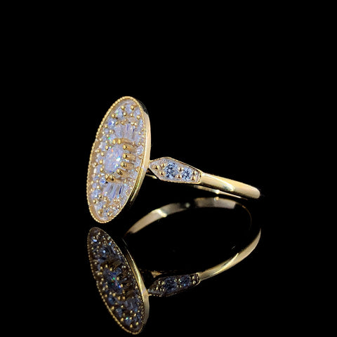 Oval Halo Diamond Ring with Baguette and Round Stones, Silver Band with Milgrain Prong Setting