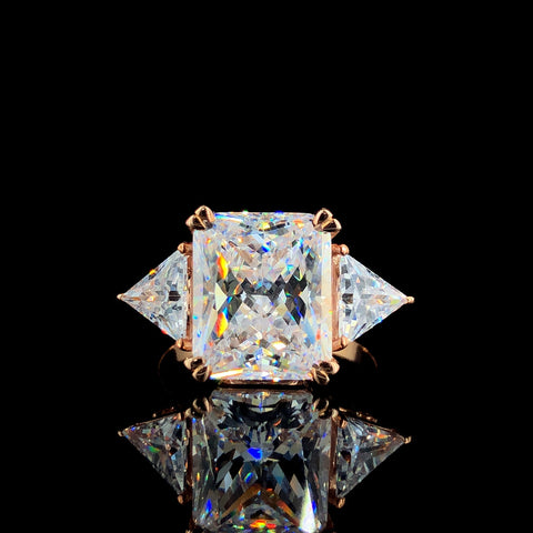 Three-Stone Radiant Cut Diamond Ring with Trillion Side Stones and Yellow Gold Band