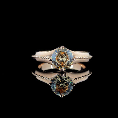 White gold Round Solitaire Beaded Band Six-Prong Setting