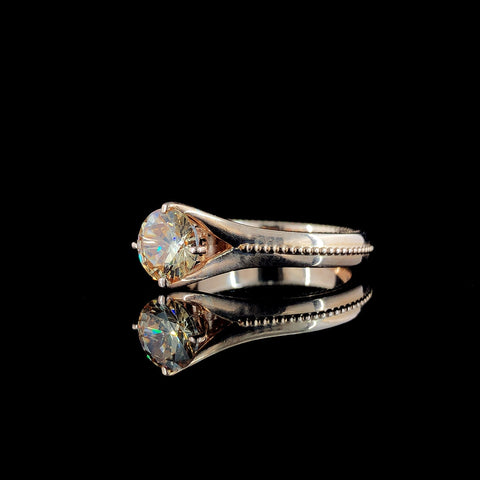 White gold Round Solitaire Beaded Band Six-Prong Setting