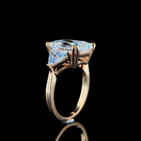 Three-Stone Radiant Cut Diamond Ring with Trillion Side Stones and Yellow Gold Band