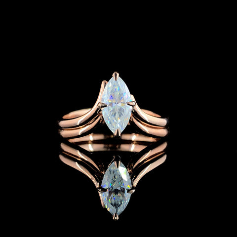 Marquise Solitaire Silver Ring with Chevron Band and Four-Prong Setting
