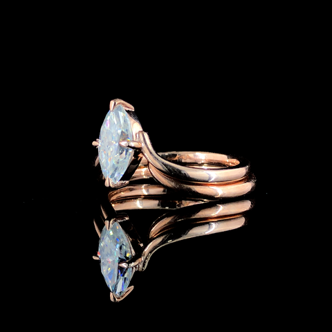 Marquise Solitaire Silver Ring with Chevron Band and Four-Prong Setting