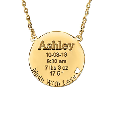 White gold Round Engraved Baby Birth Pendant with Heart Cutout