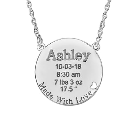 White gold Round Engraved Baby Birth Pendant with Heart Cutout