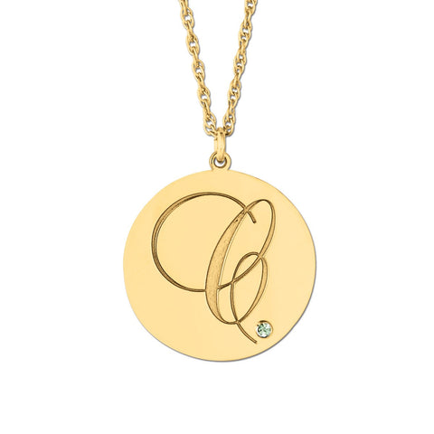 White gold Gold Script Initial Pendant with Round Gemstone Bezel Setting