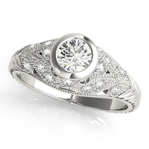 White gold Bezel Set Round Diamond Milgrain Band Ring