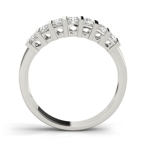 Platinum Channel Set Round Diamond Step Band with Bar Prong Setting