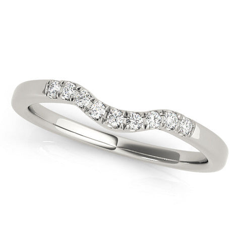 White gold Curved Diamond Wedding Band with Round Cut Stones and Shared Prong Setting