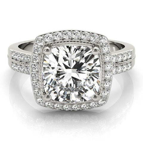Platinum Cushion Halo Pave Split Shank Prong Setting Ring
