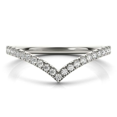 White gold Diamond Pavé V-Shaped Chevron Band with Round Cut Stones and Shared Prong Setting