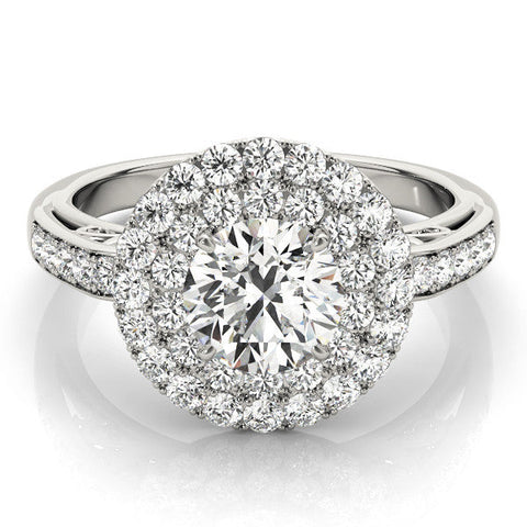 Platinum Double Halo Round Diamond Pave Band Prong Setting Ring