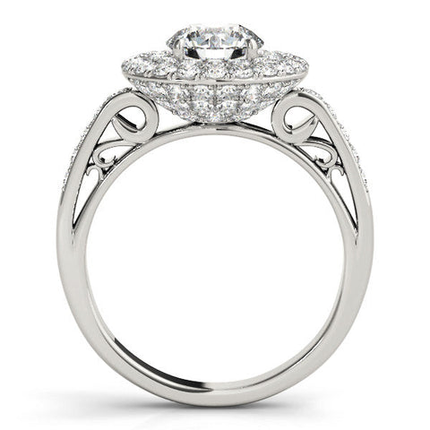 Platinum Double Halo Round Diamond Pave Band Prong Setting Ring