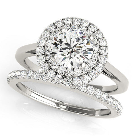 Platinum Double Halo Round Diamond Solitaire with Pavé Band and Four-Prong Setting