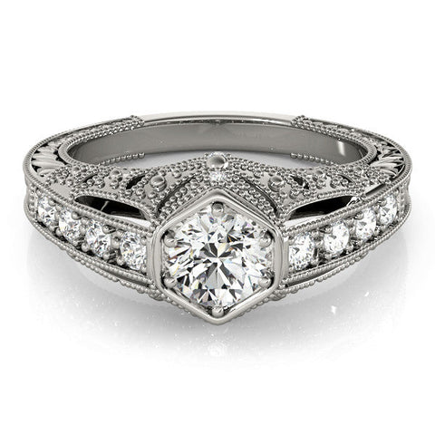 Platinum Hexagon Bezel Round Diamond Milgrain Split Shank Ring
