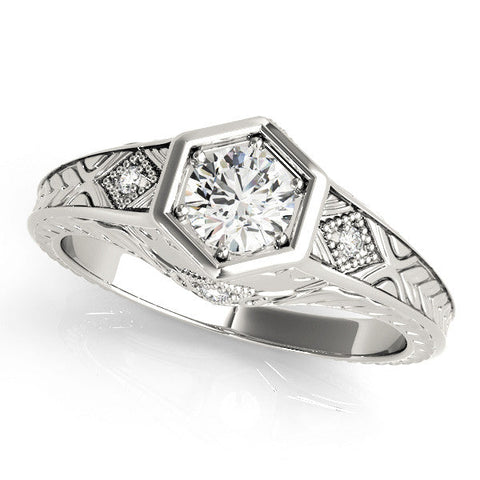 White gold Hexagonal Bezel Round Diamond Engraved Band Prong Ring