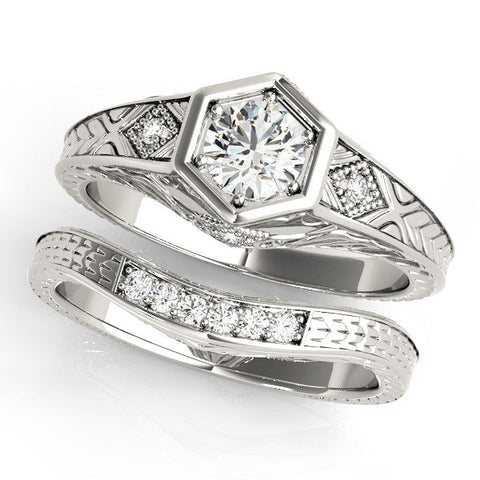 White gold Hexagonal Bezel Round Diamond Engraved Band Prong Ring