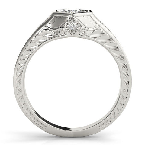 White gold Hexagonal Bezel Round Diamond Engraved Band Prong Ring