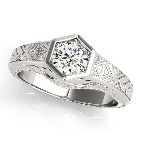 White gold Hexagonal Bezel Round Diamond Engraved Band Ring