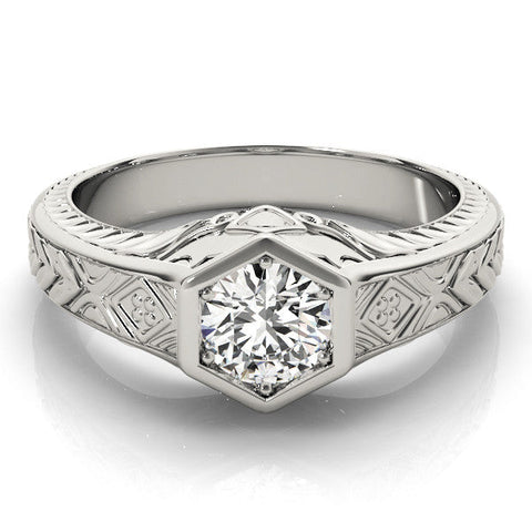 White gold Hexagonal Bezel Round Diamond Engraved Band Ring