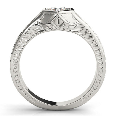 White gold Hexagonal Bezel Round Diamond Engraved Band Ring