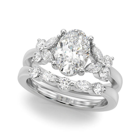 Platinum Oval Diamond Floral Cluster Ring with Solitaire Band and Prong Setting