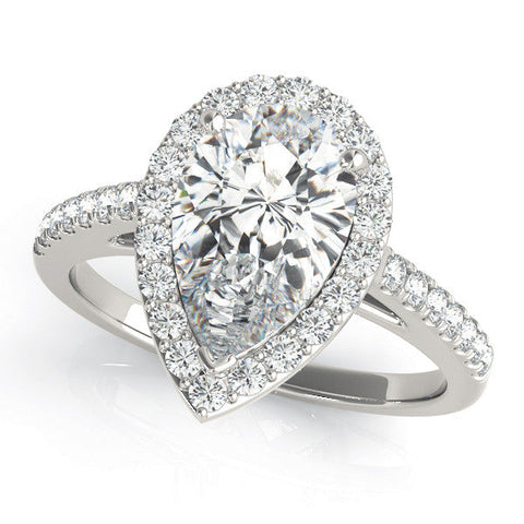White gold Pear Halo Diamond Ring with Pavé Band and Three-Prong Setting