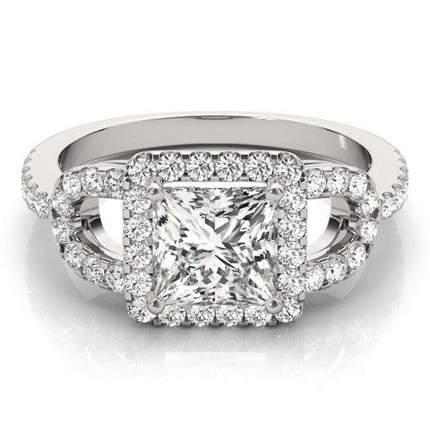 Platinum Princess Cut Halo Split Shank Diamond Ring with Four-Prong Setting