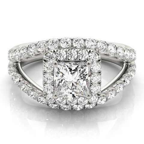 Platinum Princess Cut Halo Split Shank Ring with Four-Prong Setting