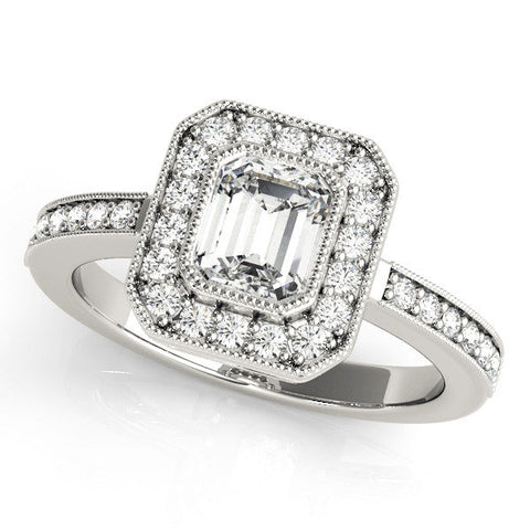 Platinum Emerald Cut Halo Diamond Ring with Pavé Band and Milgrain Prong Setting
